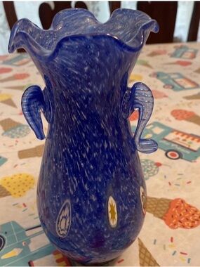 Vintage Blue Murano Millefiori Glass Vase-1 Broken Handle